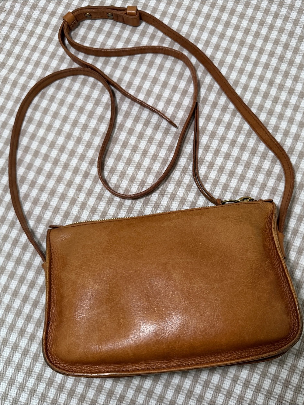 Madewell Brown Leather Crossbody Bag Canvas Lining Brass Hardware Zip Closure